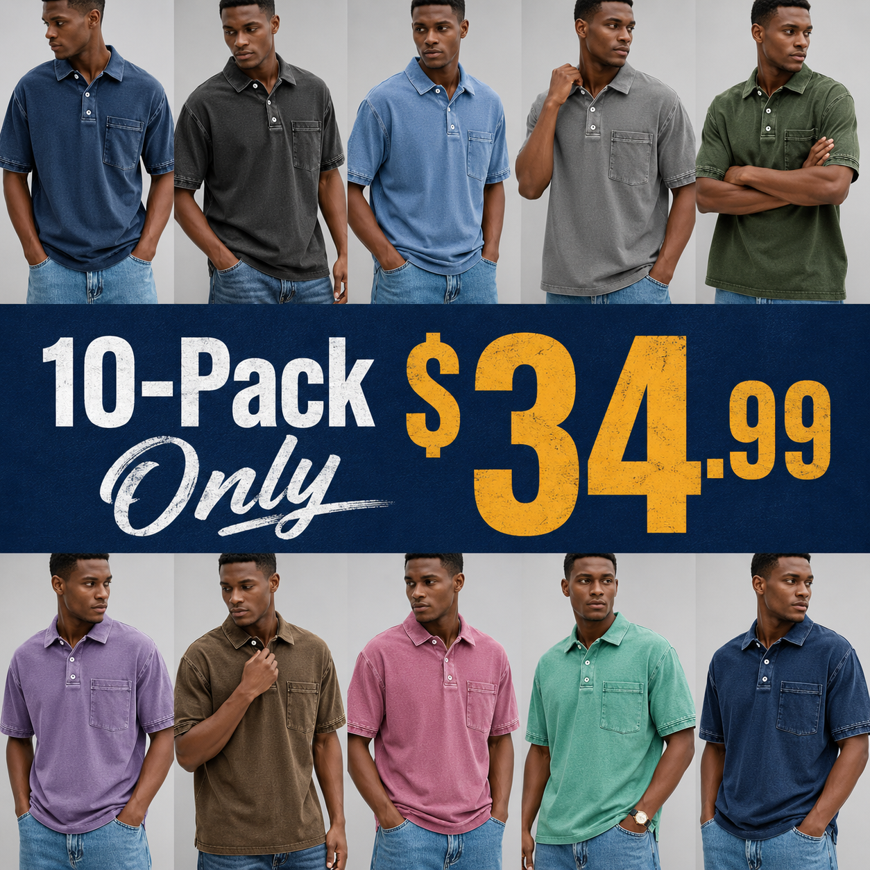 Men's Retro Distressed Lapel Short-sleeved Pocket Polo Shirt/10 Packs for $34.99