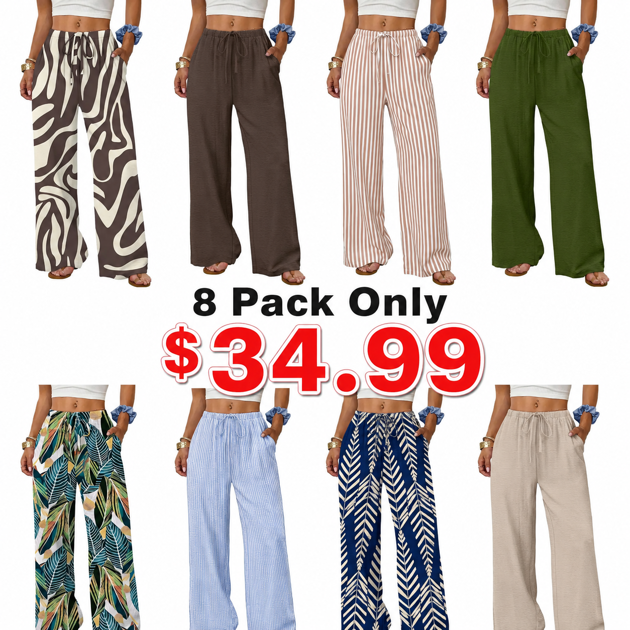 Sampeel Wide Leg Pants for Women Flowy Palazzo Drawstring Elastic Waist Trousers with Pockets Summer Beach Vacation Clothes