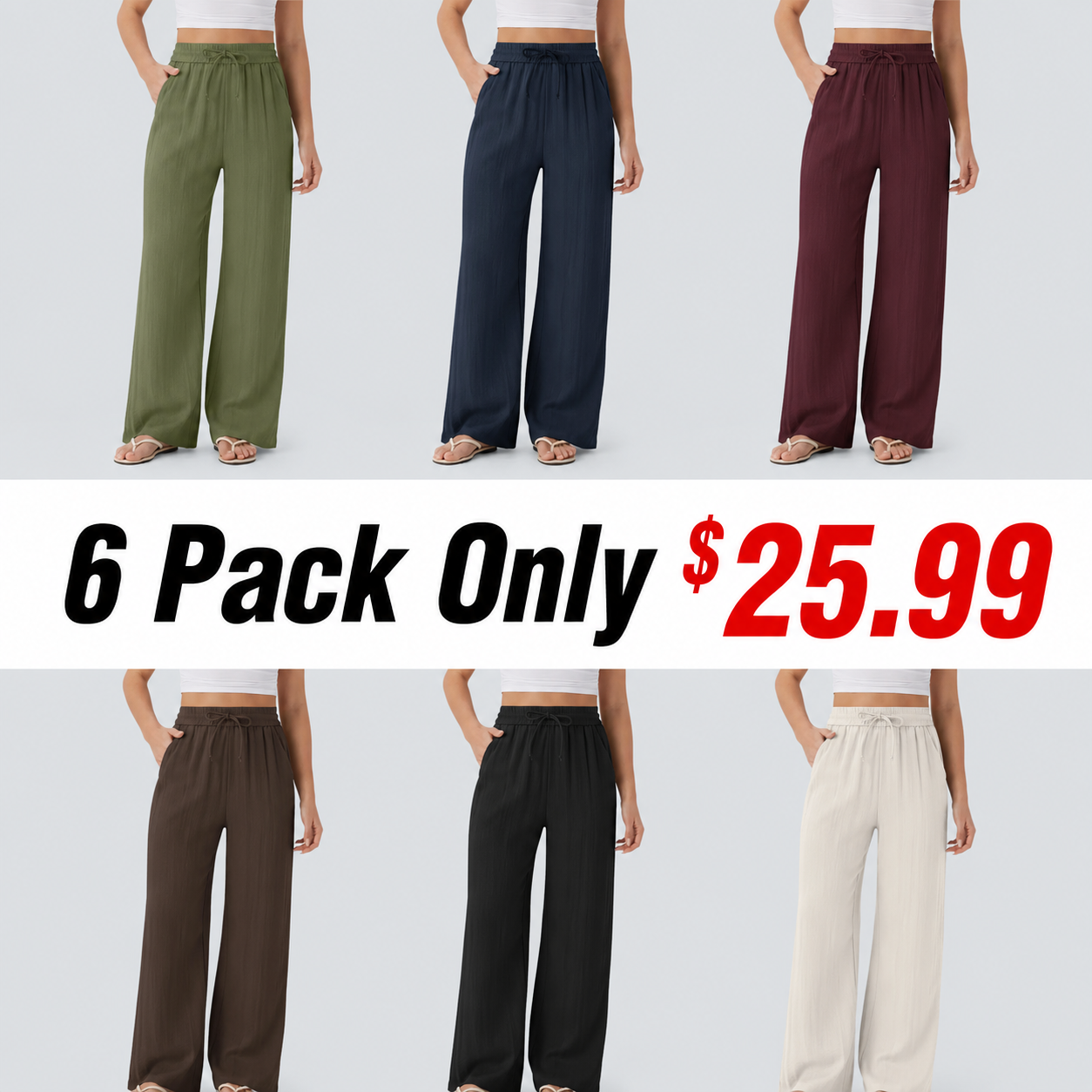 High Waisted Drawstring Pocket Wide Leg Baggy Casual Linen-Feel Pants