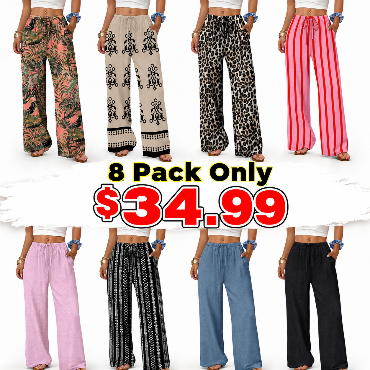 Sampeel Wide Leg Pants for Women Flowy Palazzo Drawstring Elastic Waist Trousers with Pockets Summer Beach Vacation Clothes
