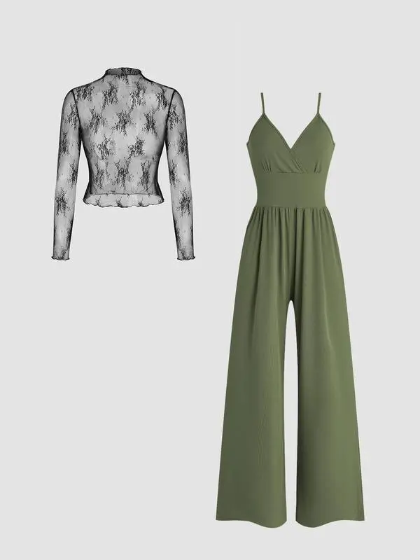 🎉Hot selling items-Women's solid color lace t-shirt and pocket jumpsuit two-piece set