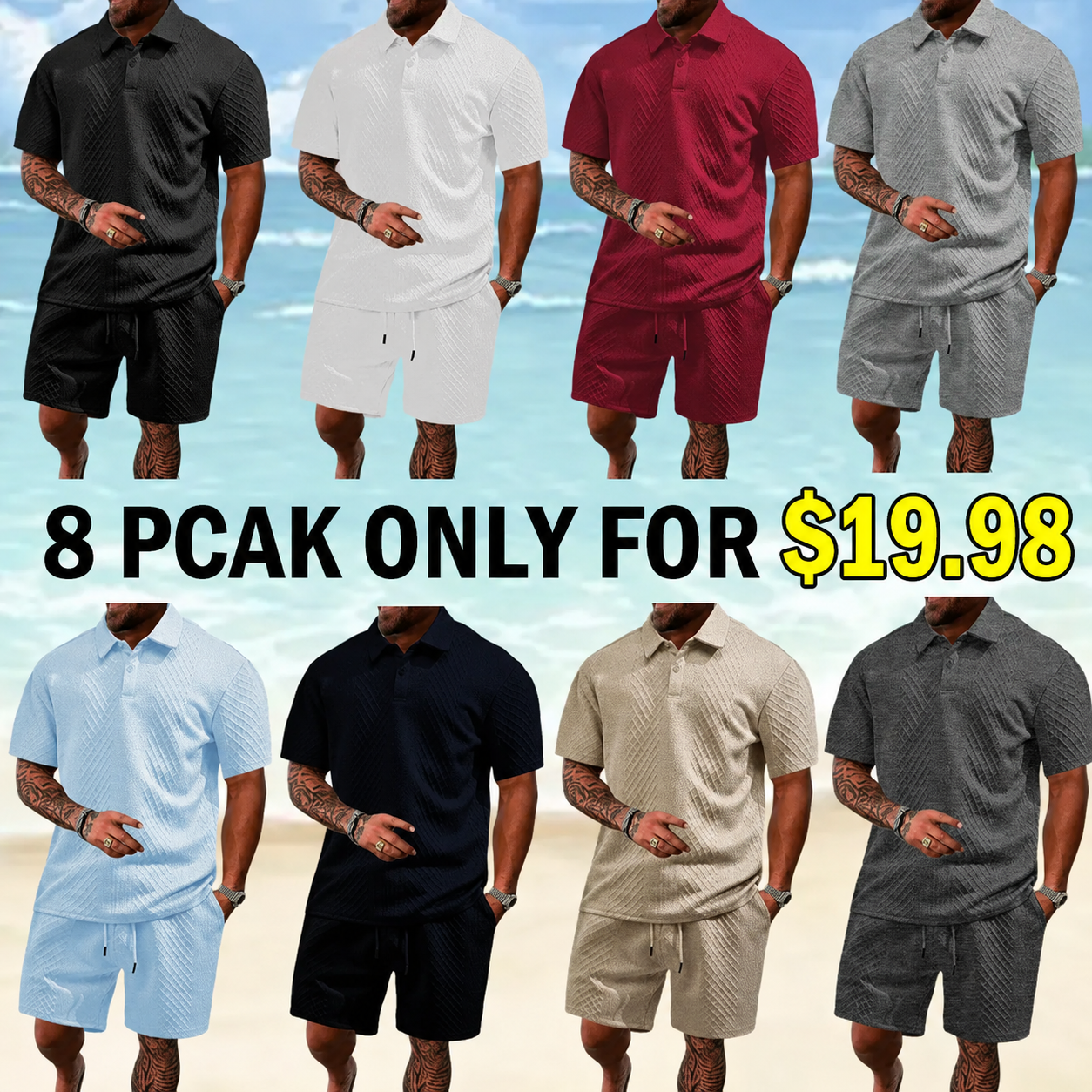 Men's Solid Polo & Drawstring Shorts Set Cozy, Breathable for Daily/Beach, Summer Casual