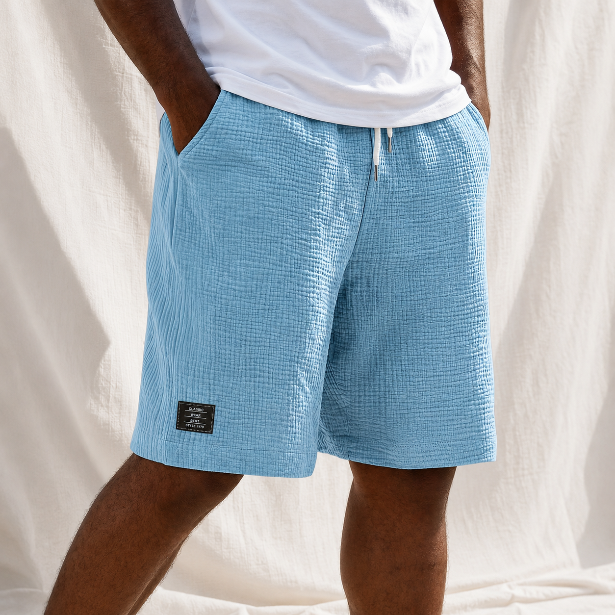 Men's Linen Crinkle Textured Logo Shorts