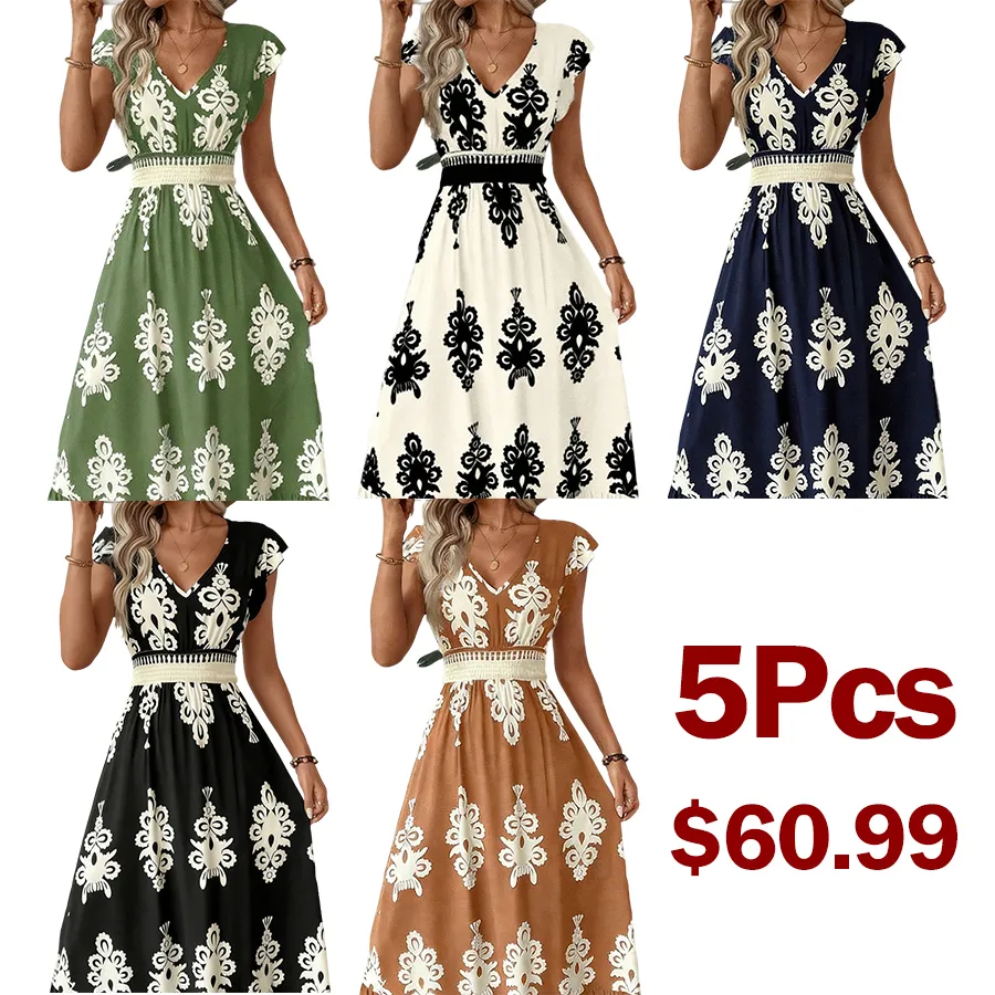 👗New arrival!🏖️Women's V-Neck Baroque Print Flowy Maxi Dress