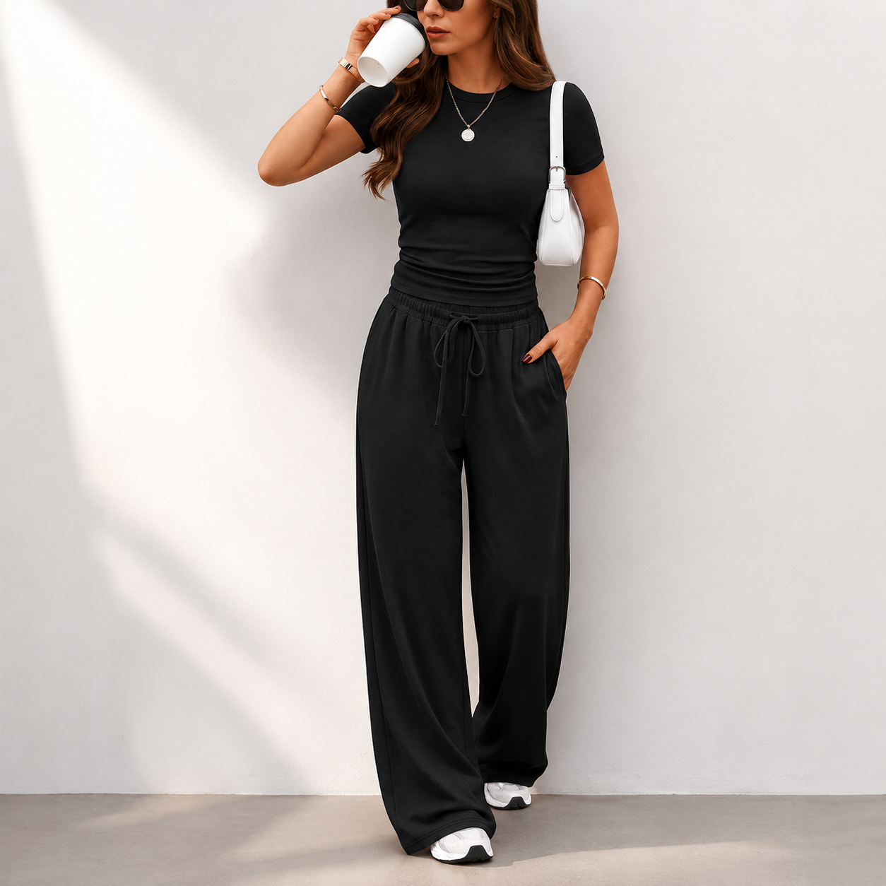 Trendy Queen 2 Piece Matching Summer Lounge Set Womens Side Ruching Top Wide Leg Pants Sets with Pockets