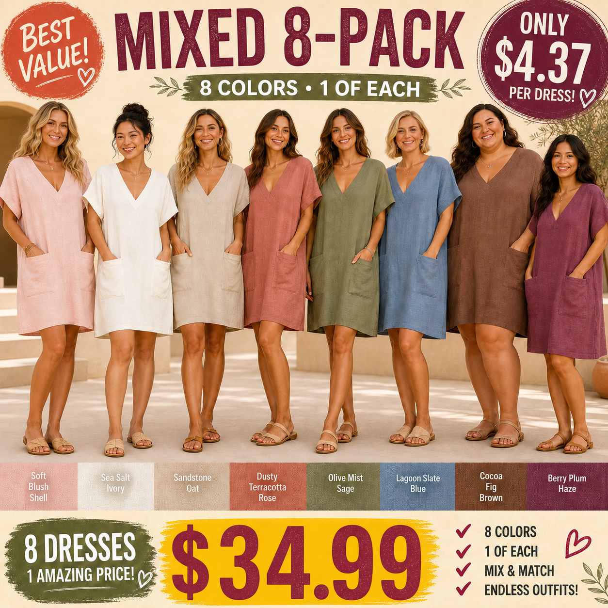 Pack & Save 8-Pack Women's Linen-Feel V-Neck Pocket Mini Dresses, Relaxed Batwing Sleeve Casual Fit