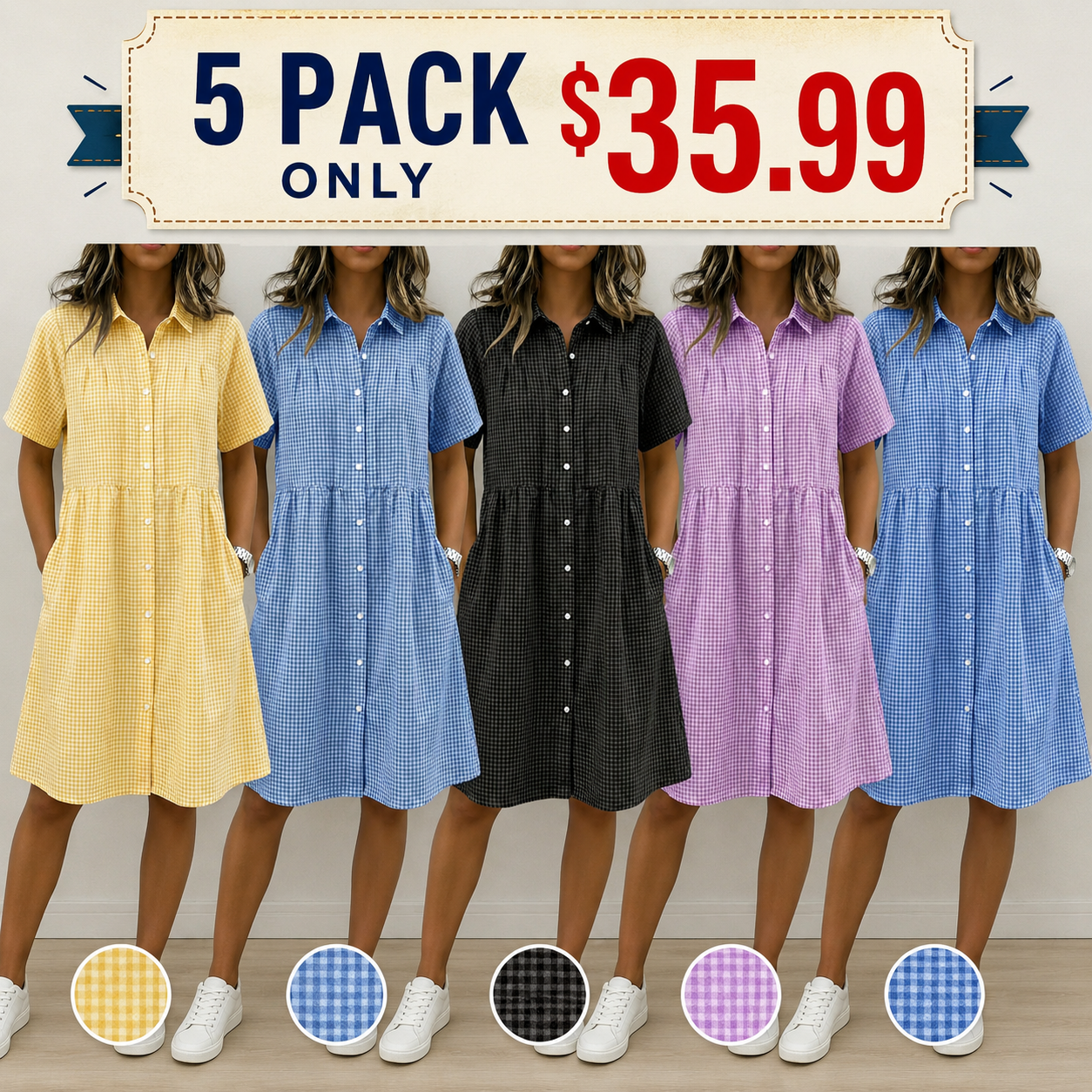 Today 49% off🔥Women’s Cotton Linen Gingham Button-Up Shirt Dress