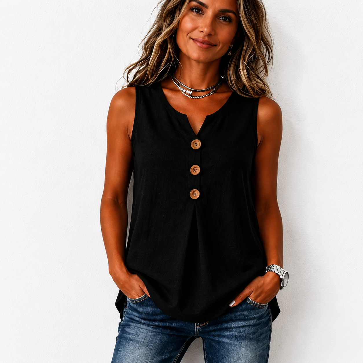 Three-Button Sleeveless Solid Color Tank Top