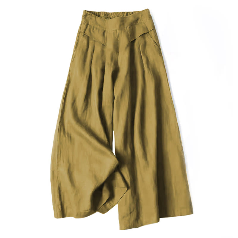 AuraLinen Plain Color Cotton Linen High Waist Wide Leg Pants With Pockets