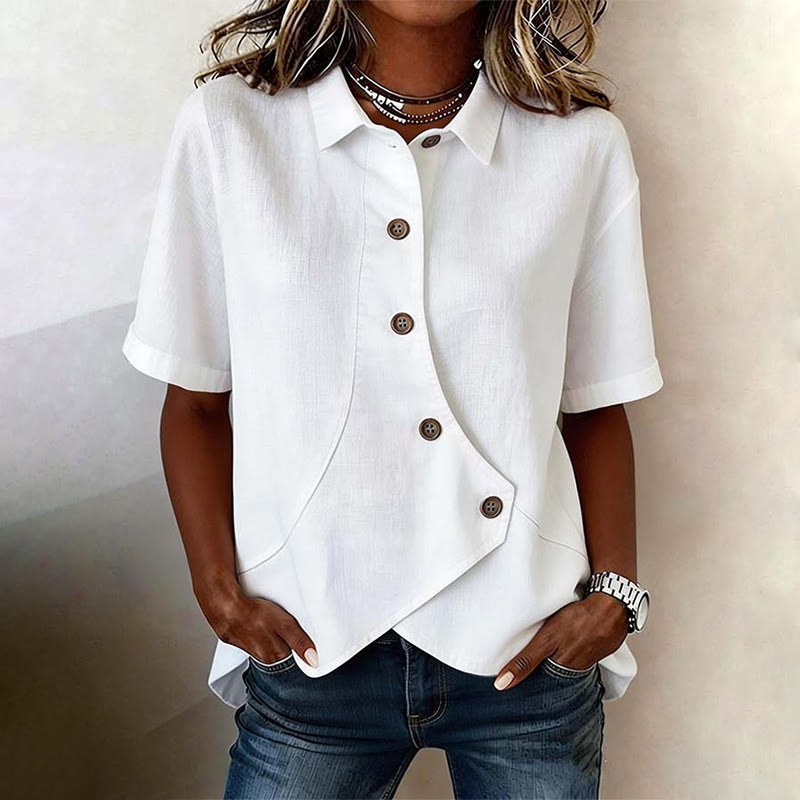 Elegant Solid Collared Button-up Short Sleeve Blouse