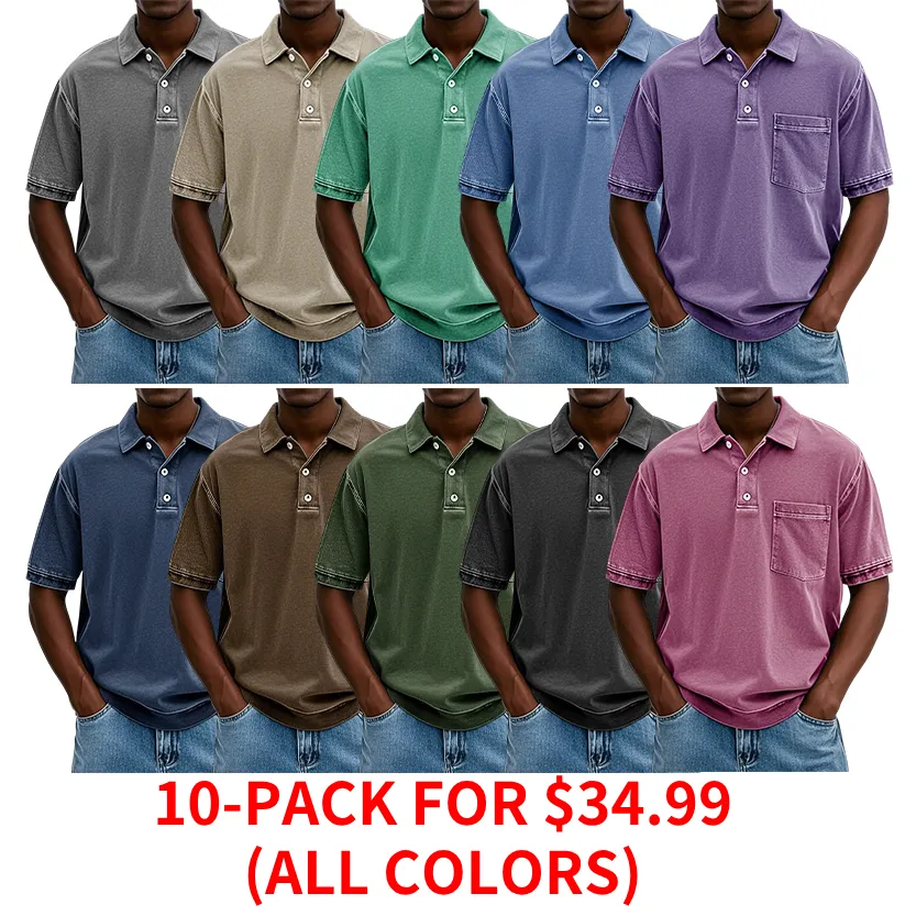 Men's Retro Distressed Lapel Short-sleeved Pocket Polo Shirt/10 Packs for $34.99