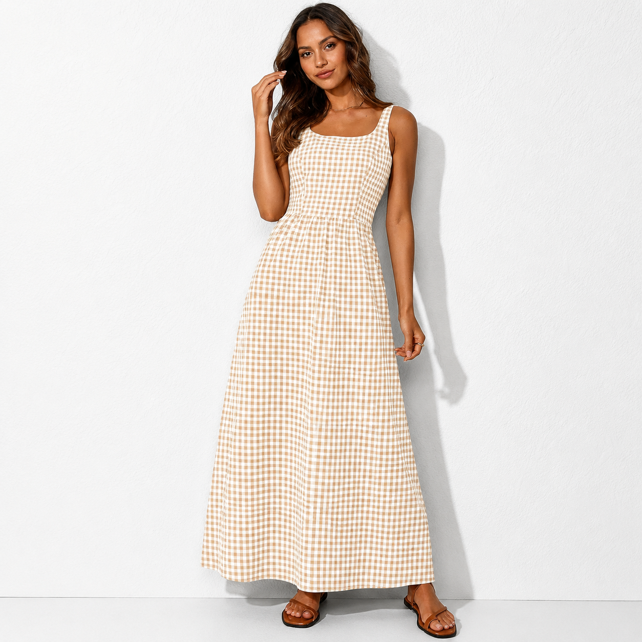 Women's 2026 Summer Spaghetti Strap Maxi Dresses Plaid Square Neck A Line Casual Beach Vacation Long Sundress