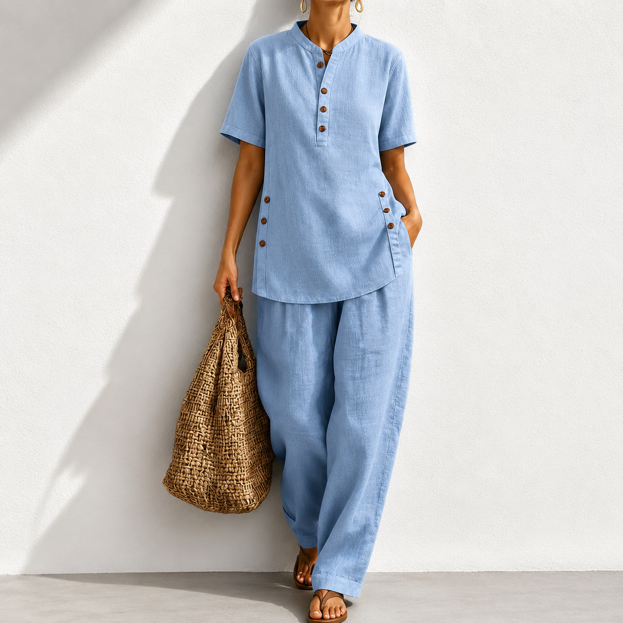 Cozy Casual Button Shirt And Wide-leg Pants Linen Two-piece Set