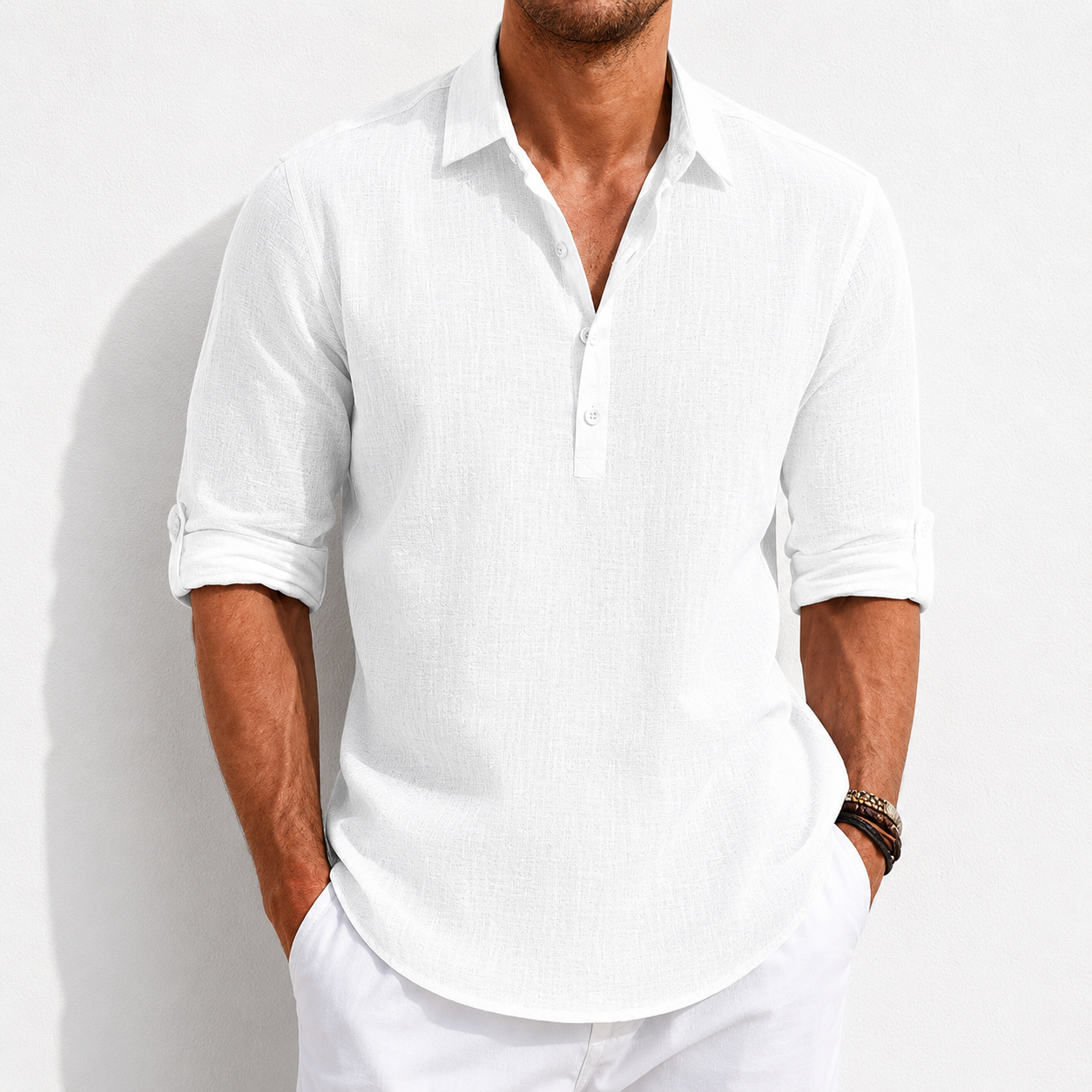 Men's Breathable Linen Henley Shirt –3/4 Sleeves Polo Shirt- Casual Roll-Up Sleeve Summer Essential