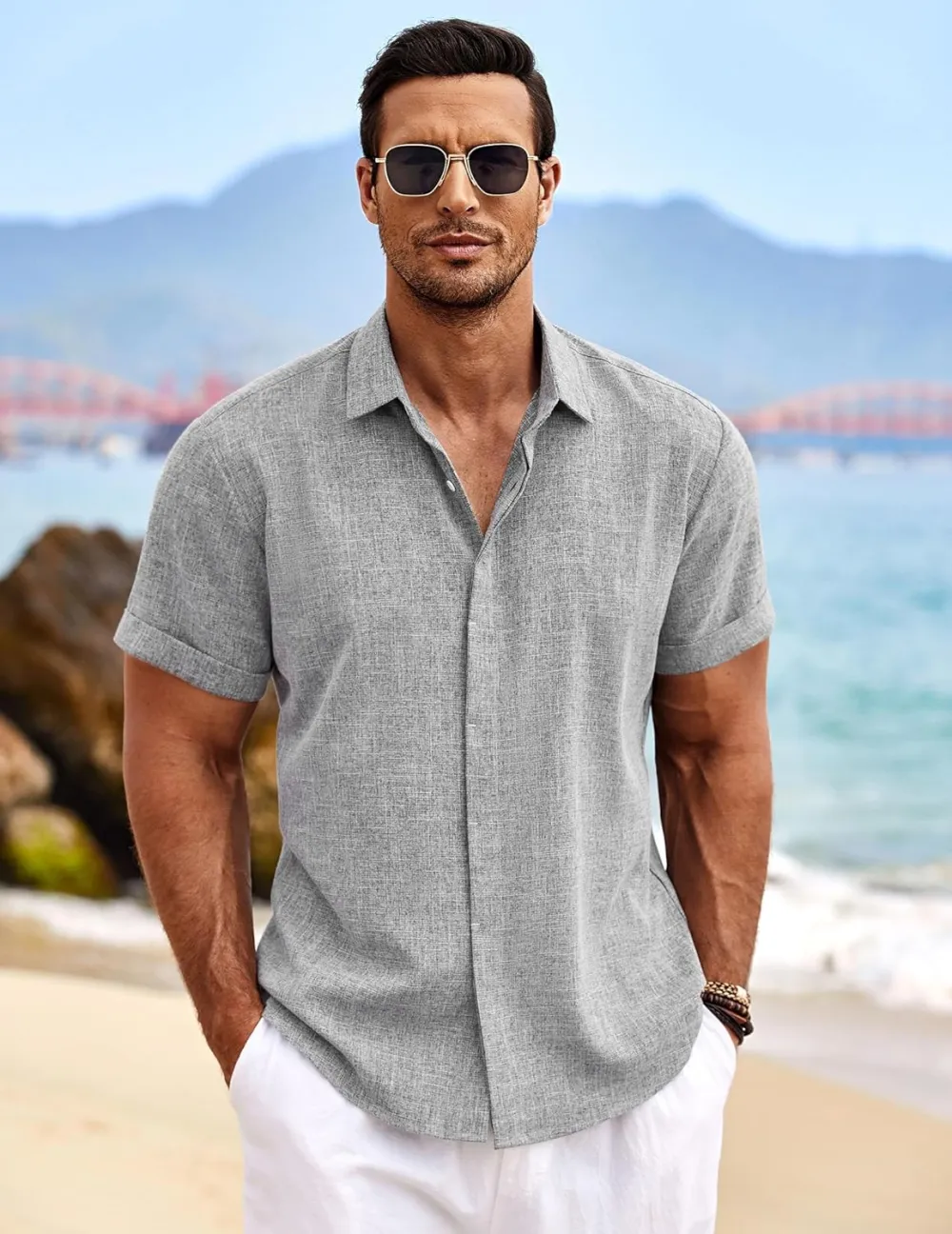 Men's Linen Shirts Short Sleeve Casual Shirts Button Down Shirt for Men Beach Summer Wedding Shirt