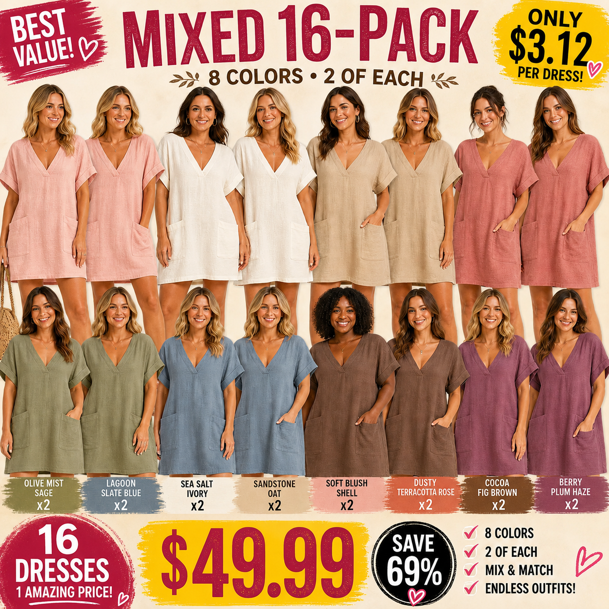 Pack & Save 8-Pack Women's Linen-Feel V-Neck Pocket Mini Dresses, Relaxed Batwing Sleeve Casual Fit