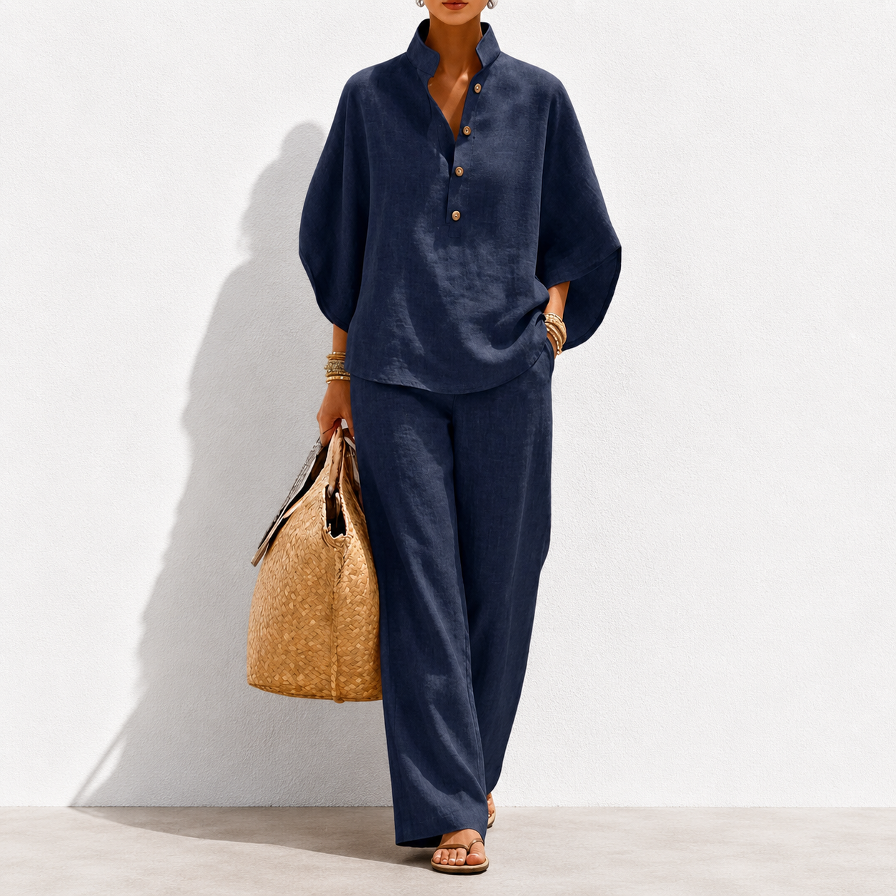🔥Last Day OFF🔥Women's Batwing Sleeve Two-Piece Set – Casual Shirt & Wide Leg Pants Outfit