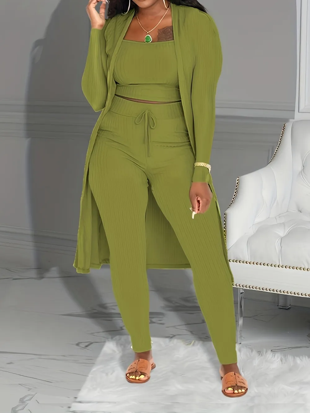 Women 3 Piece Wide Leg Pants Set Casual Long Sleeve Jacket Cardigan With Solid Tank Pants Set Dinner Suit Women