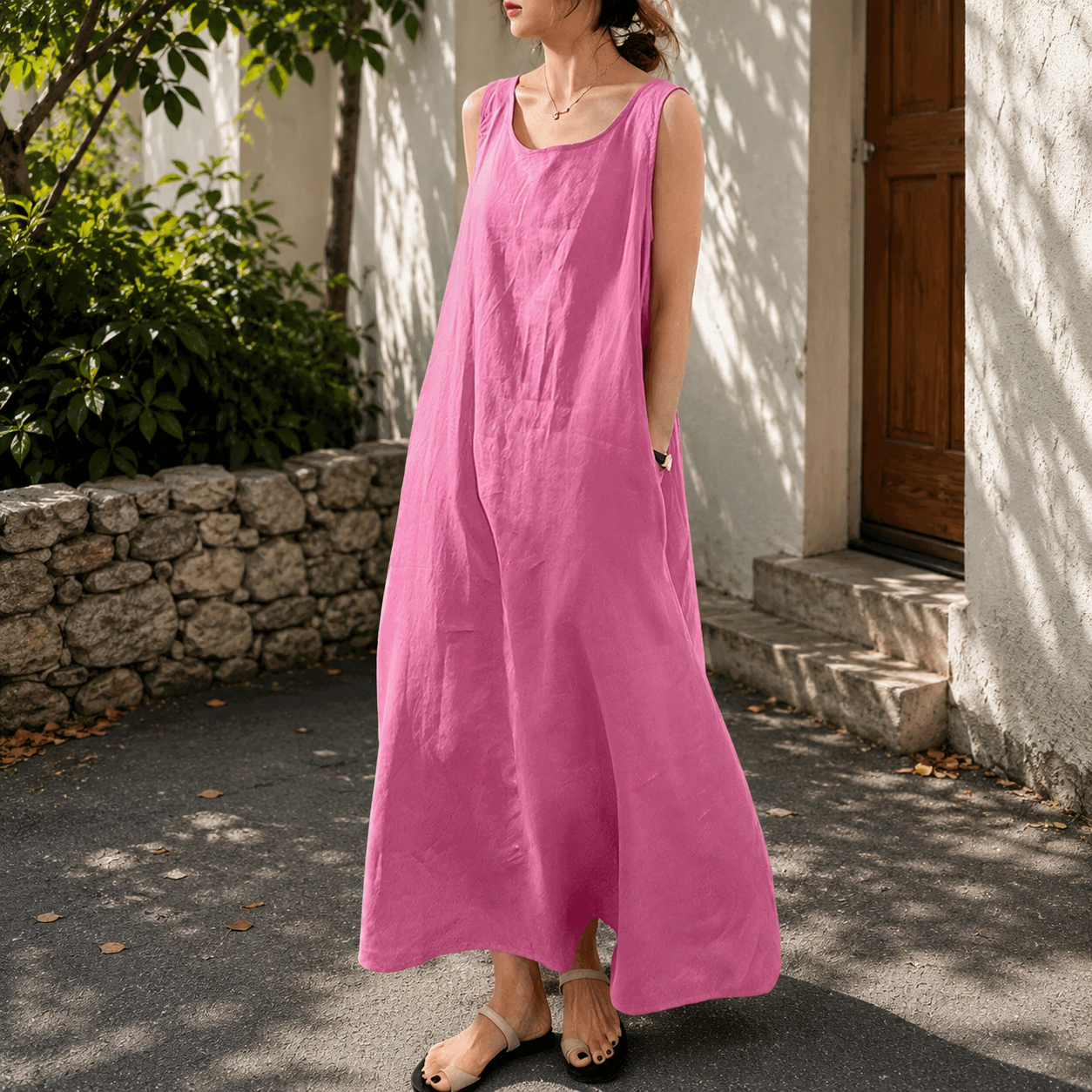 chouyatou Women's Summer Casual Sleeveless Cotton Sun Dress Maxi Tunic Tank Beach Dress with Pocket
