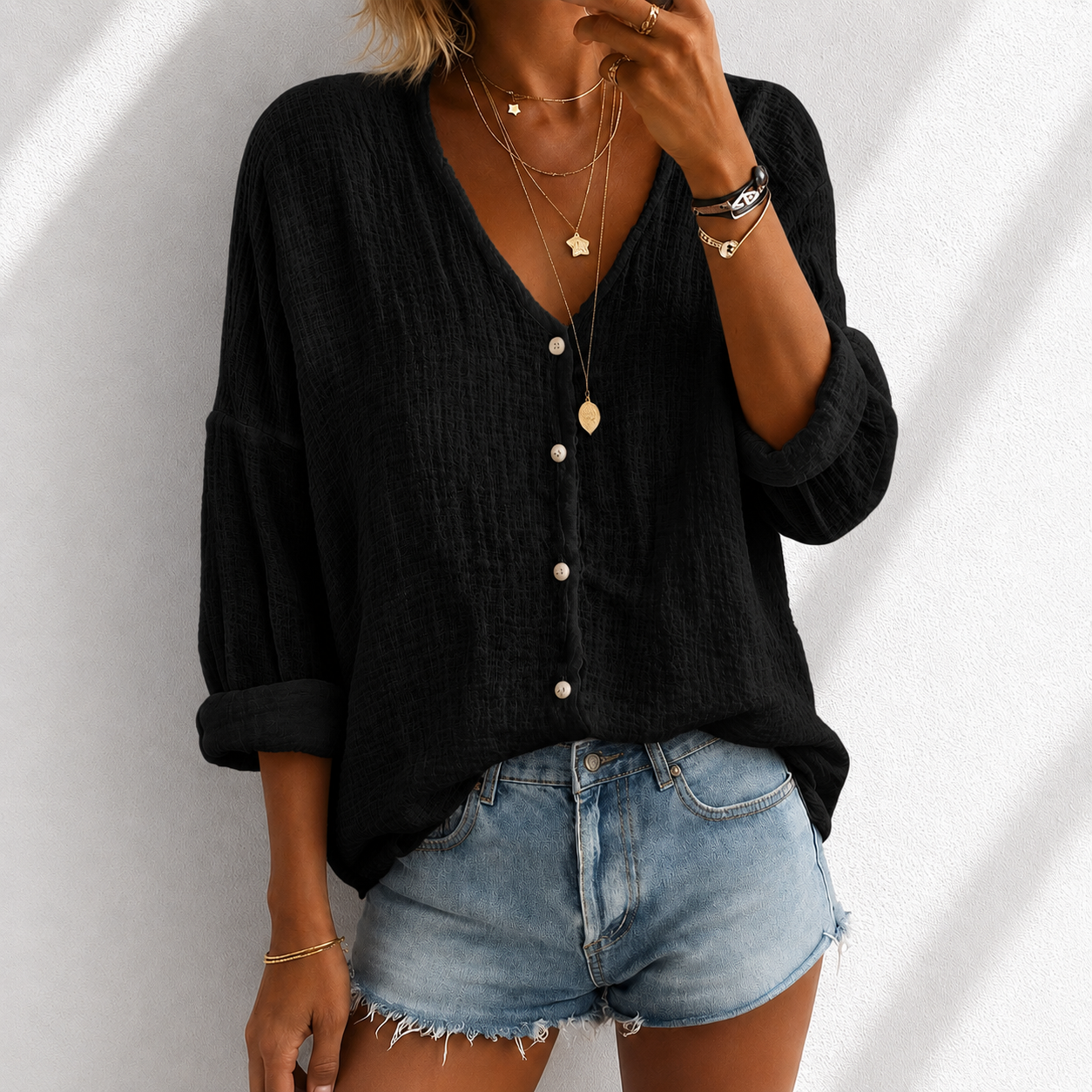 Women's Cotton Linen Loose Solid Color Long-sleeved Shirt