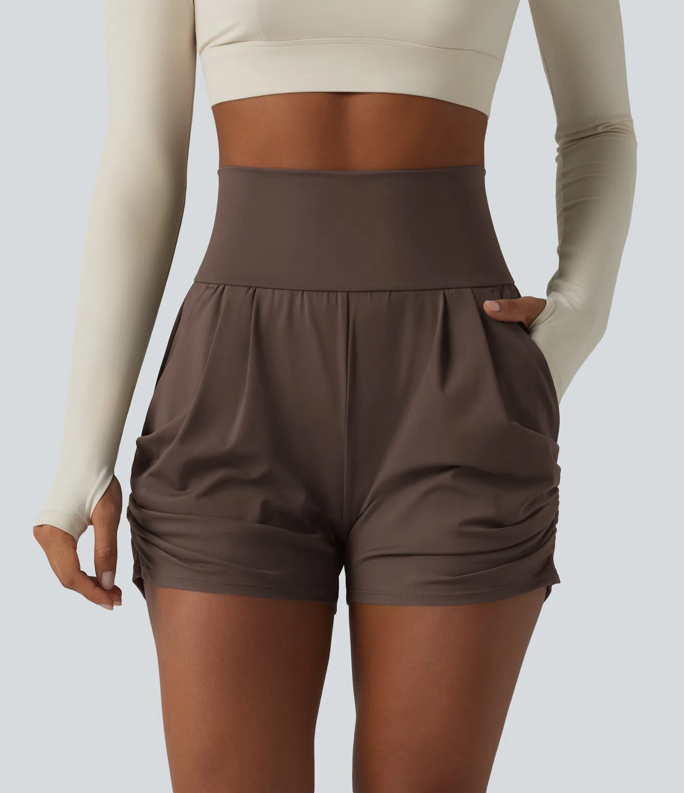 Airy High Waisted Ruched Cool Touch Yoga Shorts 3'' with Pockets
