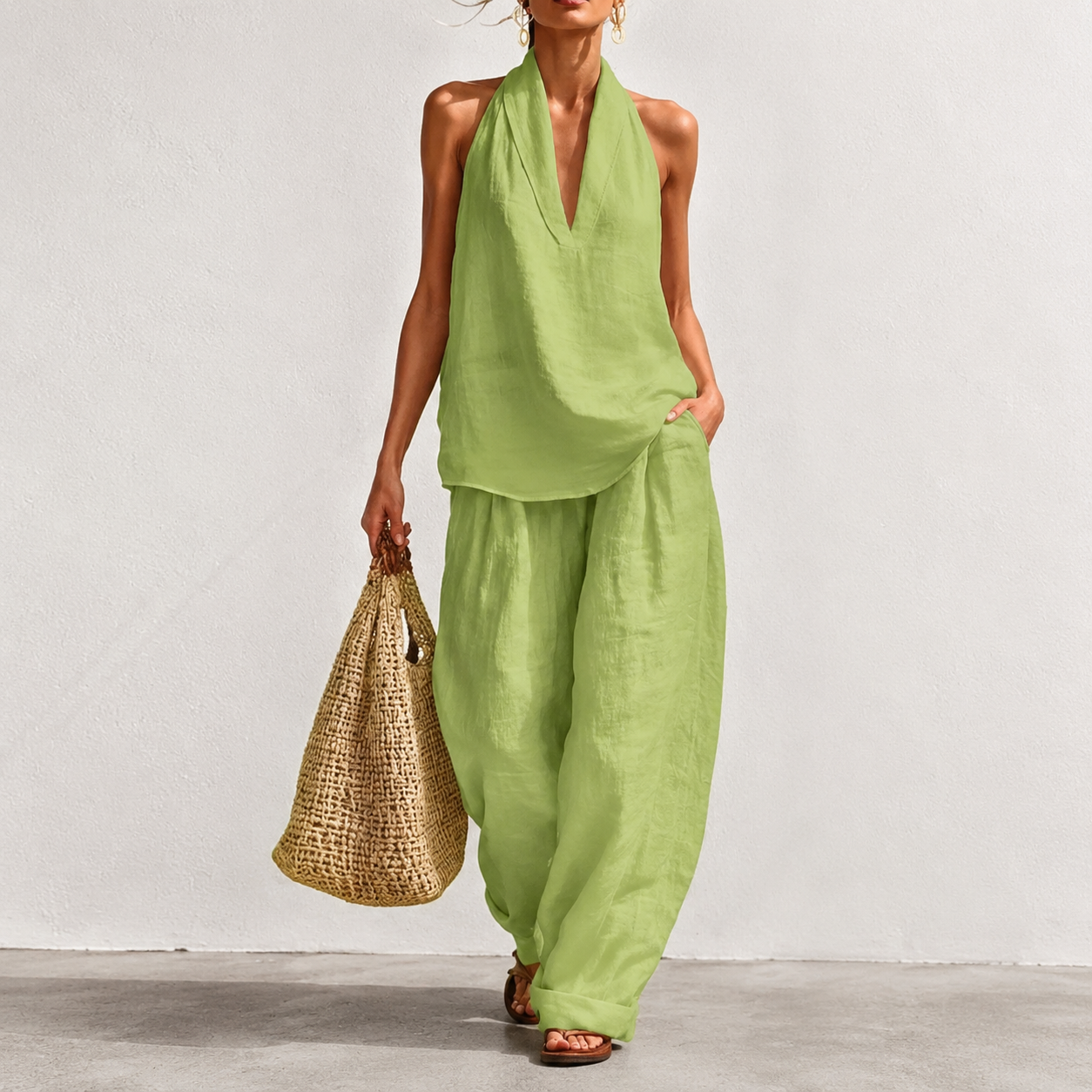 Women's Boho Linen Two Piece Set Halter Neck Sleeveless Top & Wide Leg Pants Beach Vacation Brunch Casual Outfit