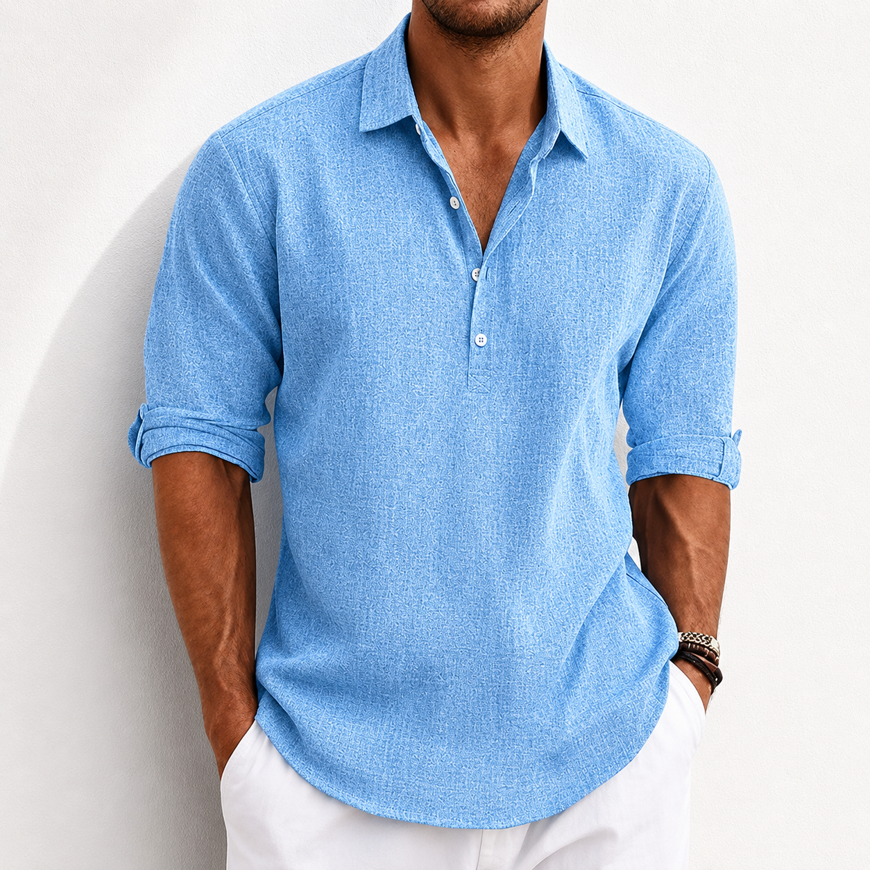 Men's Breathable Linen Henley Shirt –3/4 Sleeves Polo Shirt- Casual Roll-Up Sleeve Summer Essential