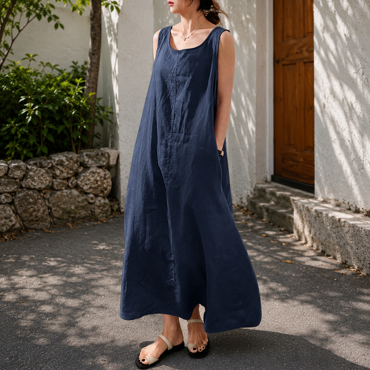 chouyatou Women's Summer Casual Sleeveless Cotton Sun Dress Maxi Tunic Tank Beach Dress with Pocket