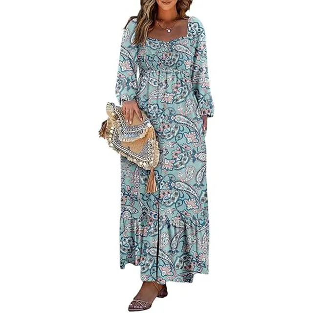 🔥2025 CRAZY DEAL🔥Spring Dresses for Women 2025 Boho Floral Smocked Square Neck Long Sleeve Button Down Beach Long Maxi Dress