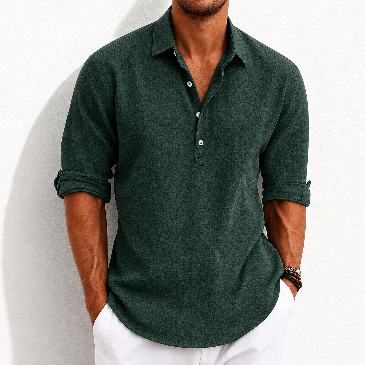 Men's Breathable Linen Henley Shirt –3/4 Sleeves Polo Shirt- Casual Roll-Up Sleeve Summer Essential