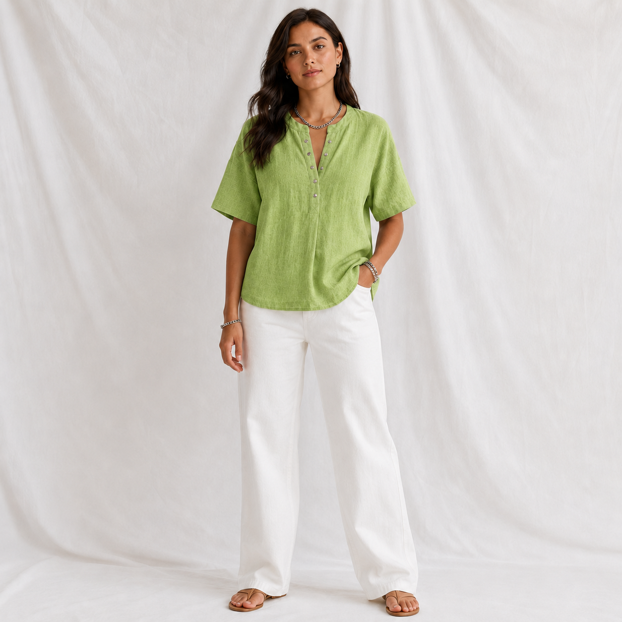 New Arrivals🔥 Women’s Casual Henley Collar Linen And Cotton Short-sleeve Shirt