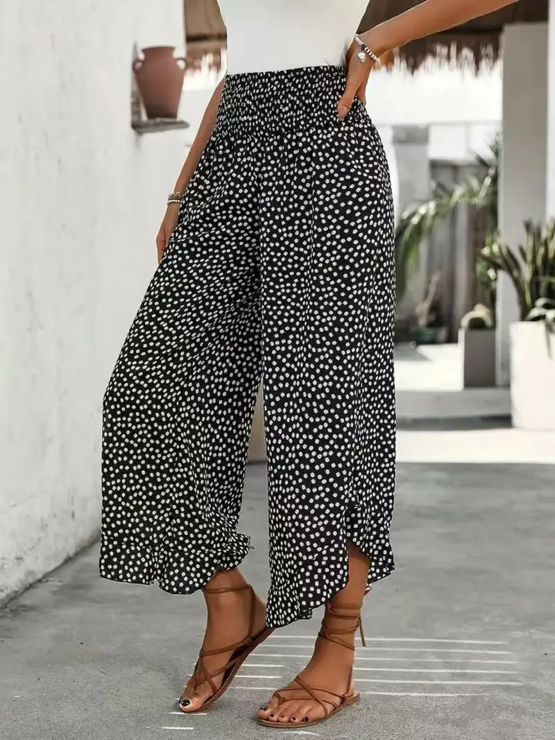 Women's Ditsy Floral Print Wide Leg Pants, Boho Casual Comfy Trousers for Summer, Women's Clothes for Daily Wear