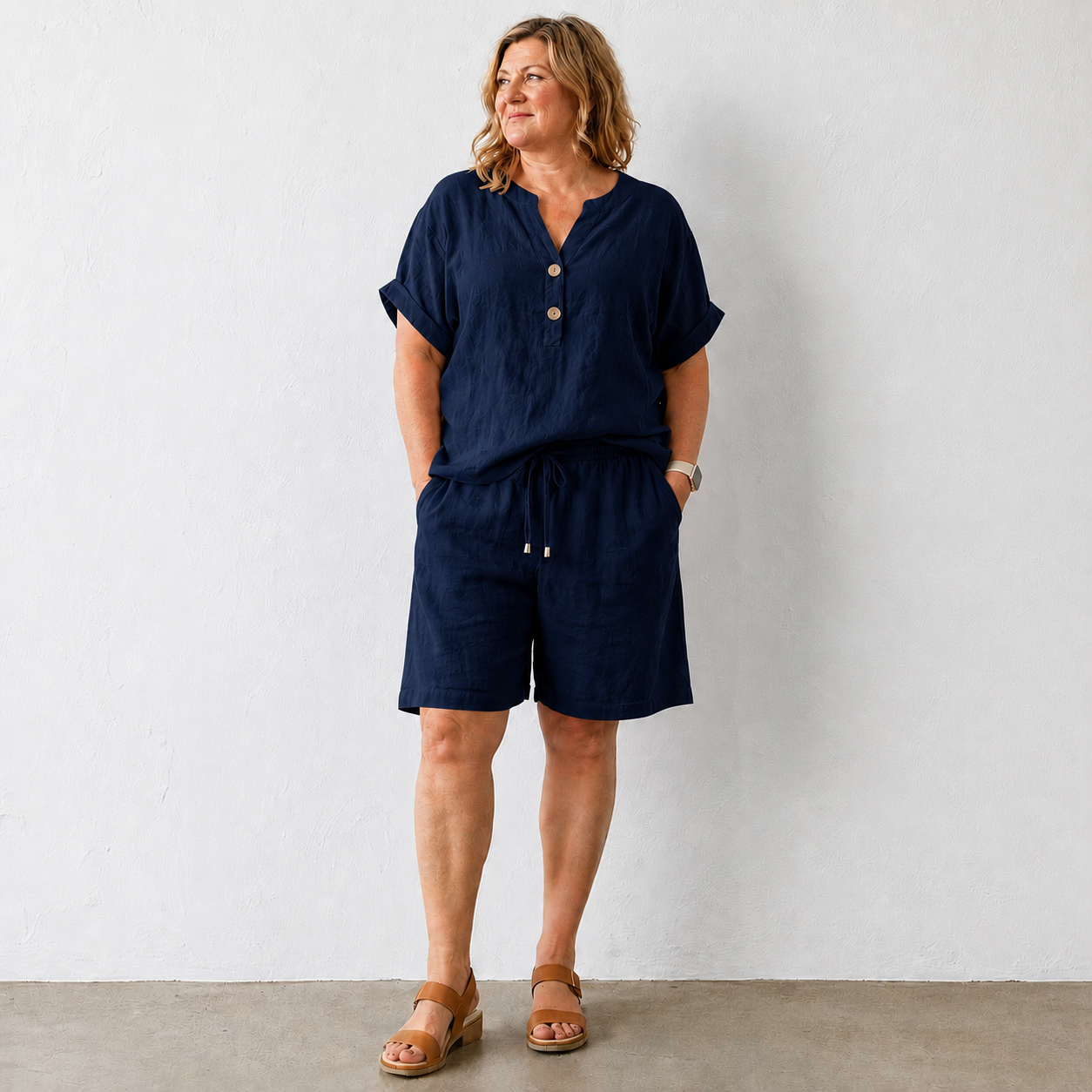 Summer Co Ord Sets for Women Cotton Linen Set 2 Piece Outfits Short Sleeve Button Down Henley Top and Wide Leg Shorts Set Oversized Tracksuits Elegant Travel Loungewear