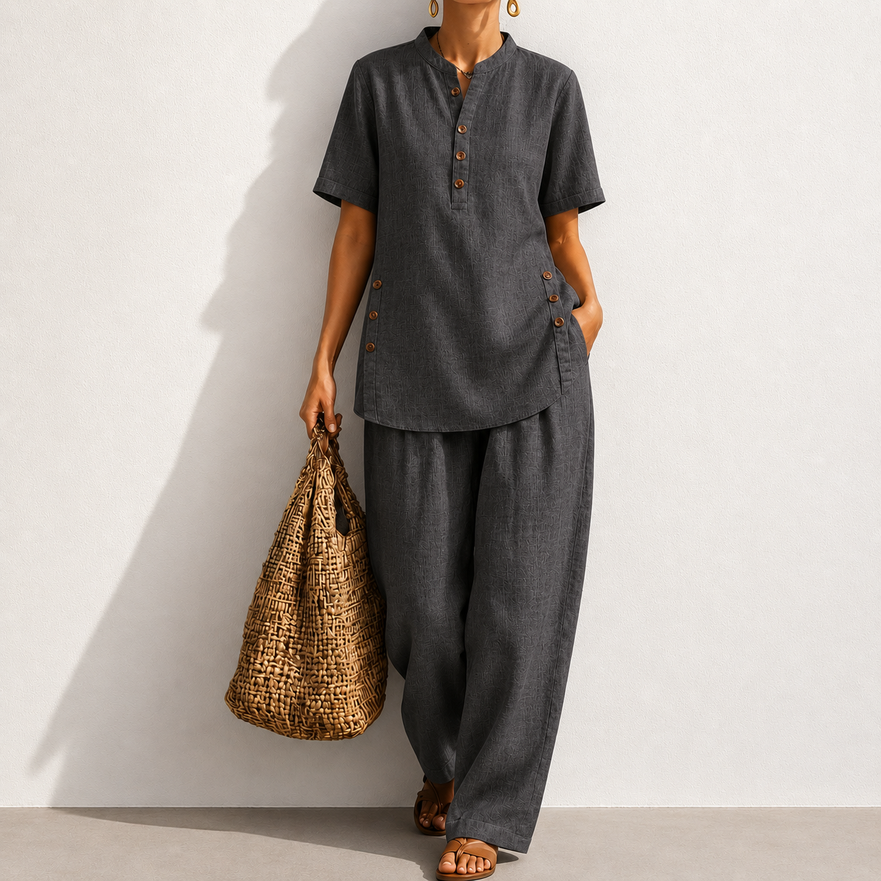 Cozy Casual Button Shirt And Wide-leg Pants Linen Two-piece Set