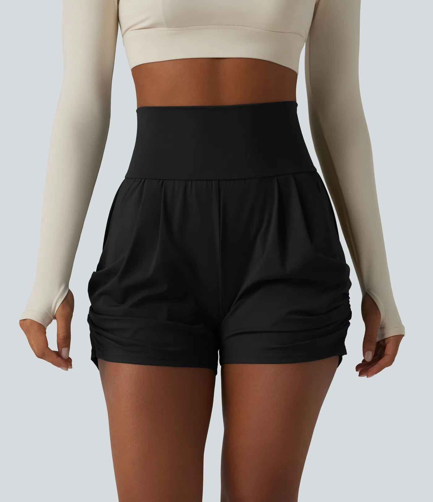 Airy High Waisted Ruched Cool Touch Yoga Shorts 3'' with Pockets