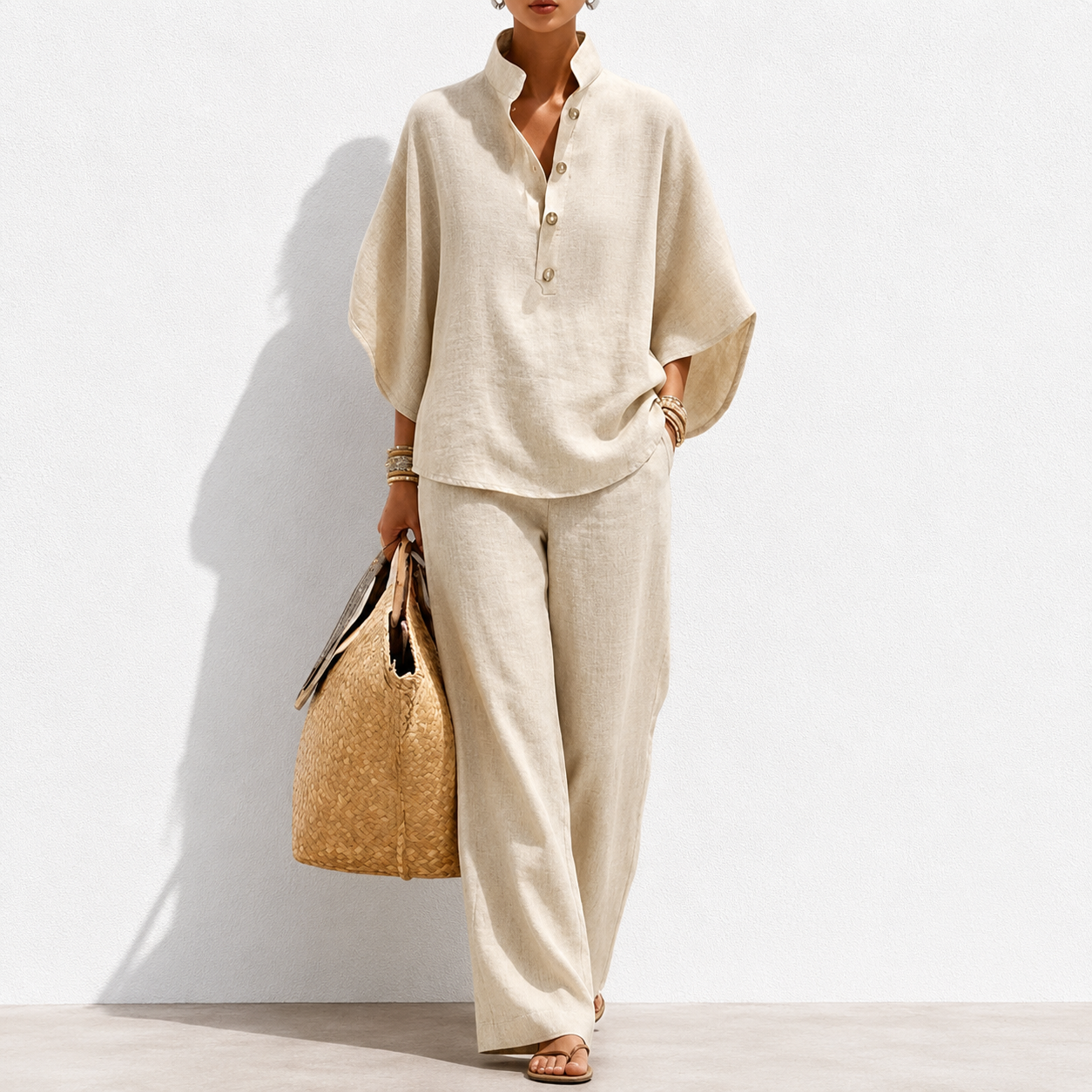 🔥Last Day OFF🔥Women's Batwing Sleeve Two-Piece Set – Casual Shirt & Wide Leg Pants Outfit