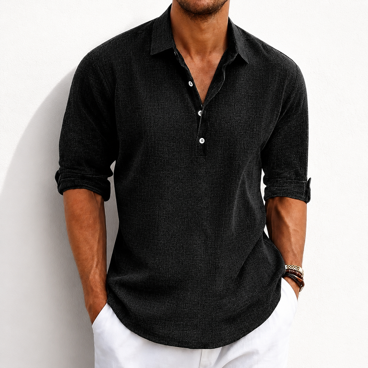 Men's Breathable Linen Henley Shirt –3/4 Sleeves Polo Shirt- Casual Roll-Up Sleeve Summer Essential