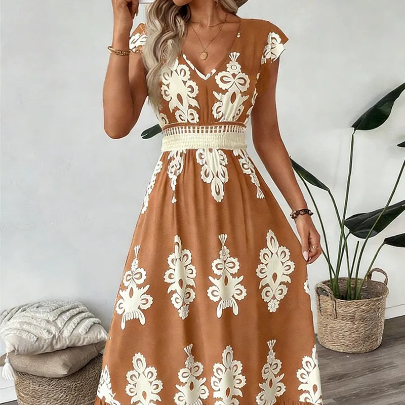 👗New arrival!🏖️Women's V-Neck Baroque Print Flowy Maxi Dress