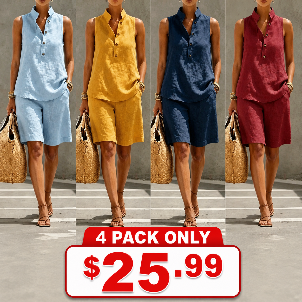 Casual And Comfortable Linen-cotton Sleeveless Top And Shorts Two-piece Set