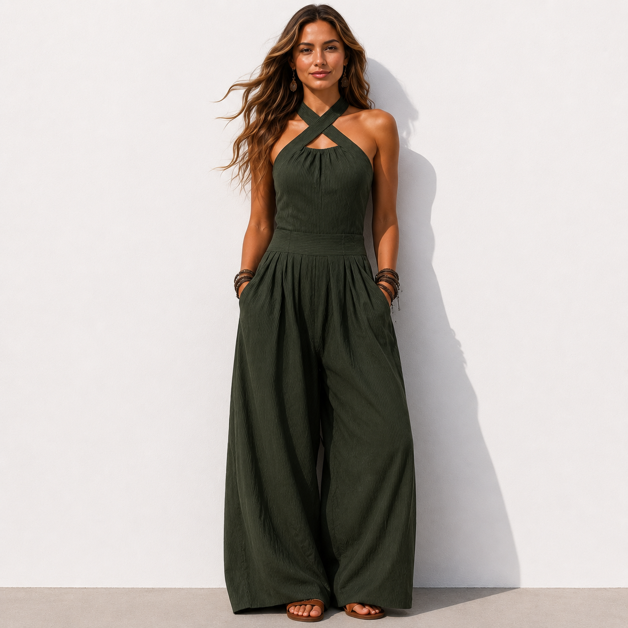 Women's Cross-neck Halter Design Cotton-linen Jumpsuit