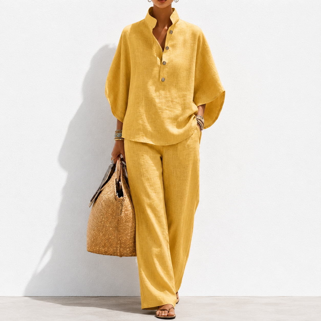 🔥Last Day OFF🔥Women's Batwing Sleeve Two-Piece Set – Casual Shirt & Wide Leg Pants Outfit
