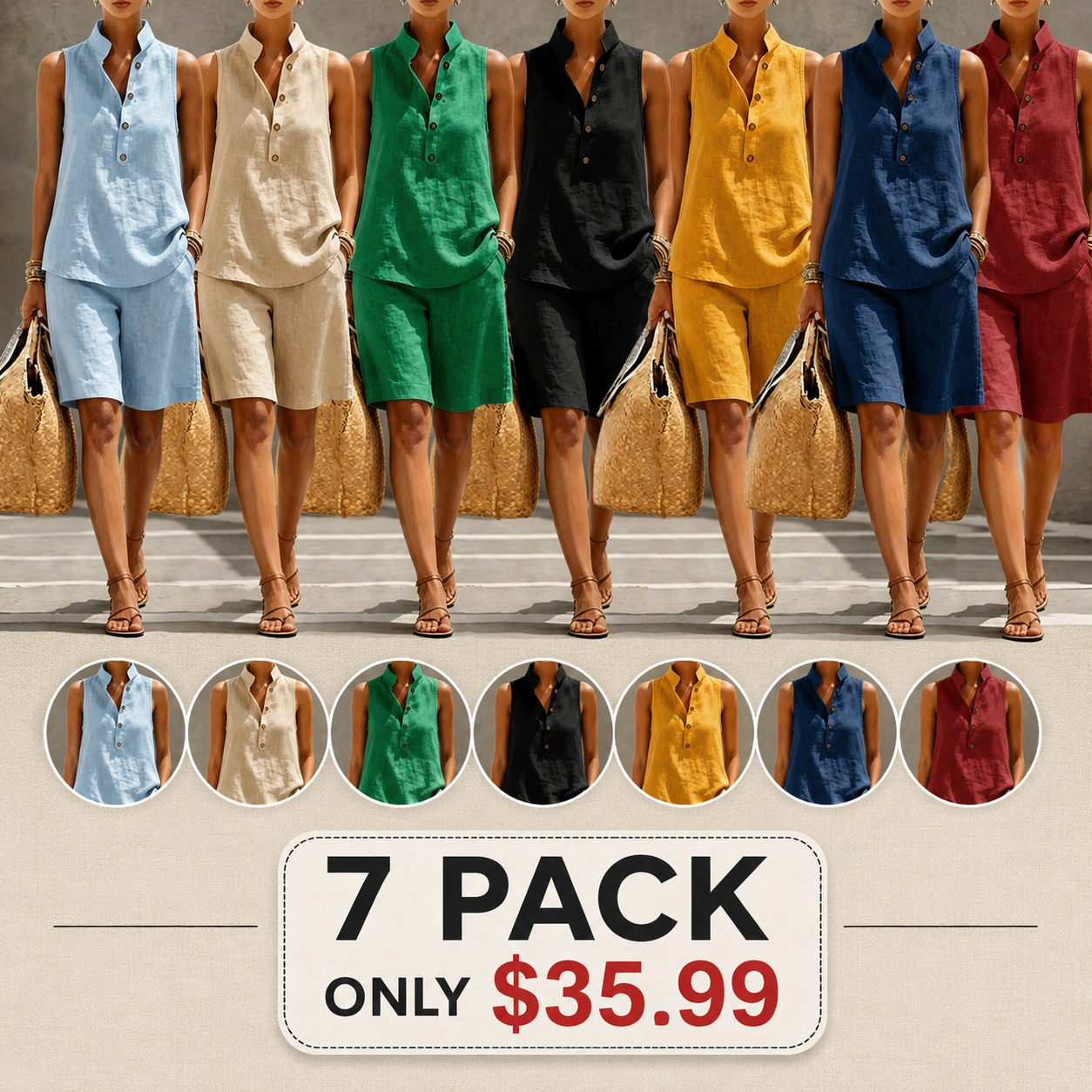 Casual And Comfortable Linen-cotton Sleeveless Top And Shorts Two-piece Set