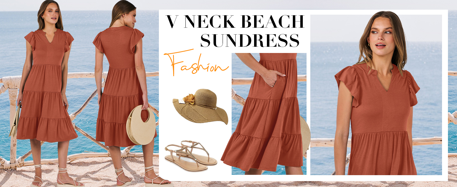 Womens Summer Dress Ruffle Sleeve V Neck Midi Dress Casual Flowy Tiered Boho Beach Vacation Sundress