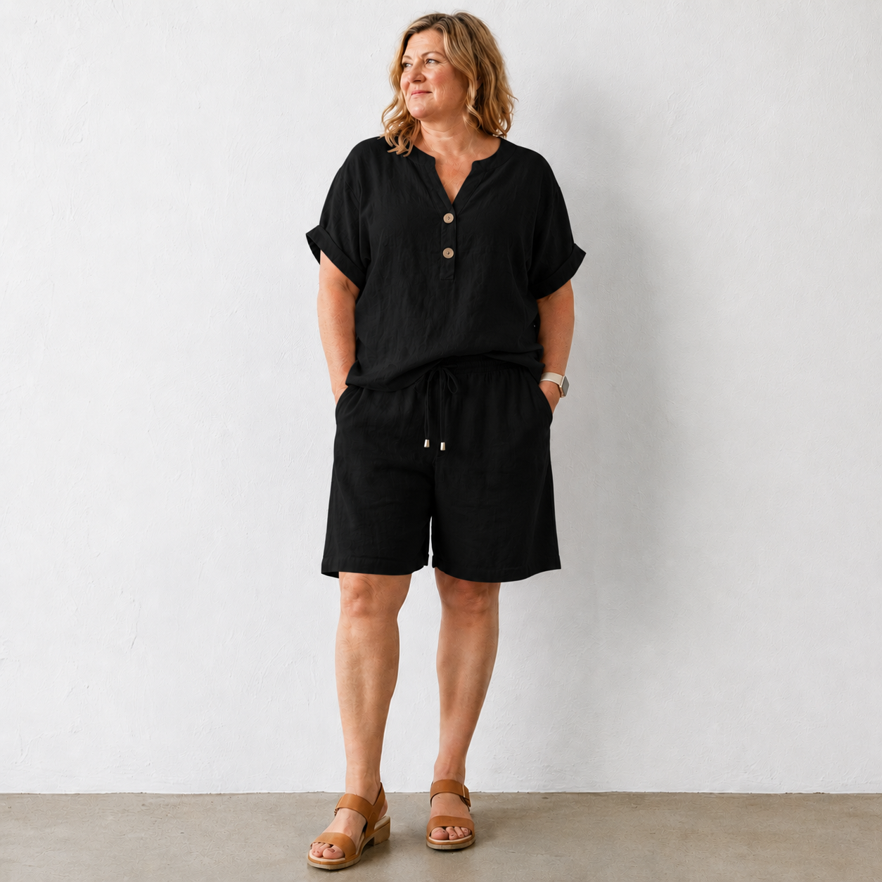 Summer Co Ord Sets for Women Cotton Linen Set 2 Piece Outfits Short Sleeve Button Down Henley Top and Wide Leg Shorts Set Oversized Tracksuits Elegant Travel Loungewear
