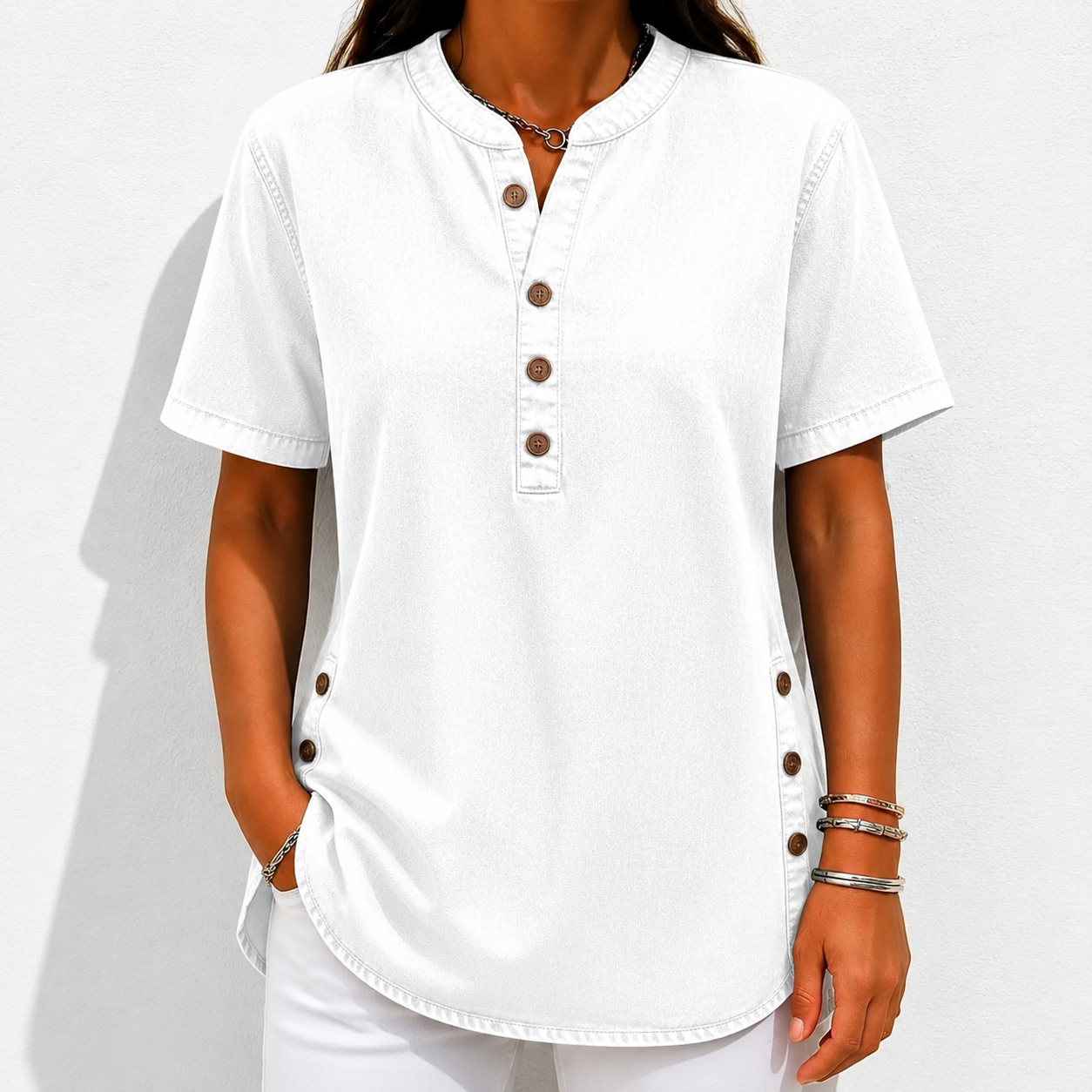 NEW🔥Women's V-neck short-sleeved Casual Button-up Loose Denim Top