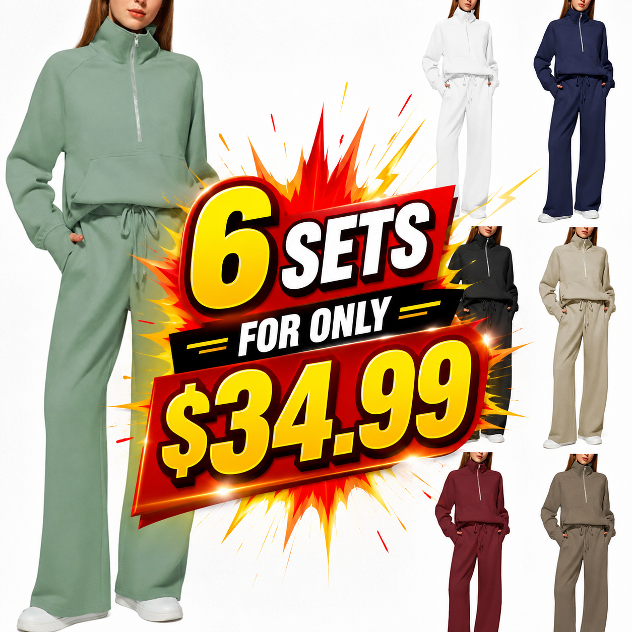 CLEARANCE SALE🔥 Women's Solid Color Cotton Half Zip Two-Piece Set