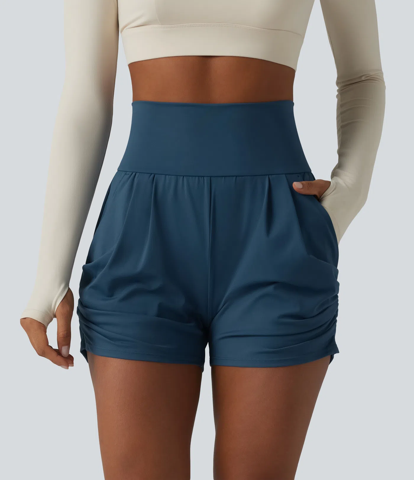 Airy High Waisted Ruched Cool Touch Yoga Shorts 3'' with Pockets