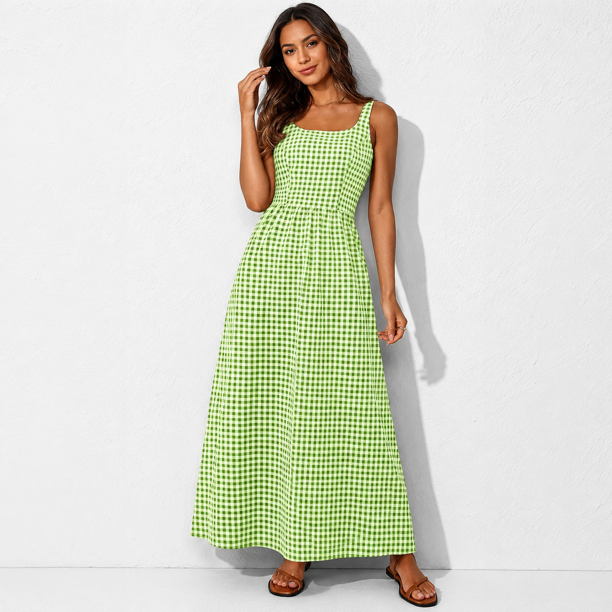 Women's 2026 Summer Spaghetti Strap Maxi Dresses Plaid Square Neck A Line Casual Beach Vacation Long Sundress