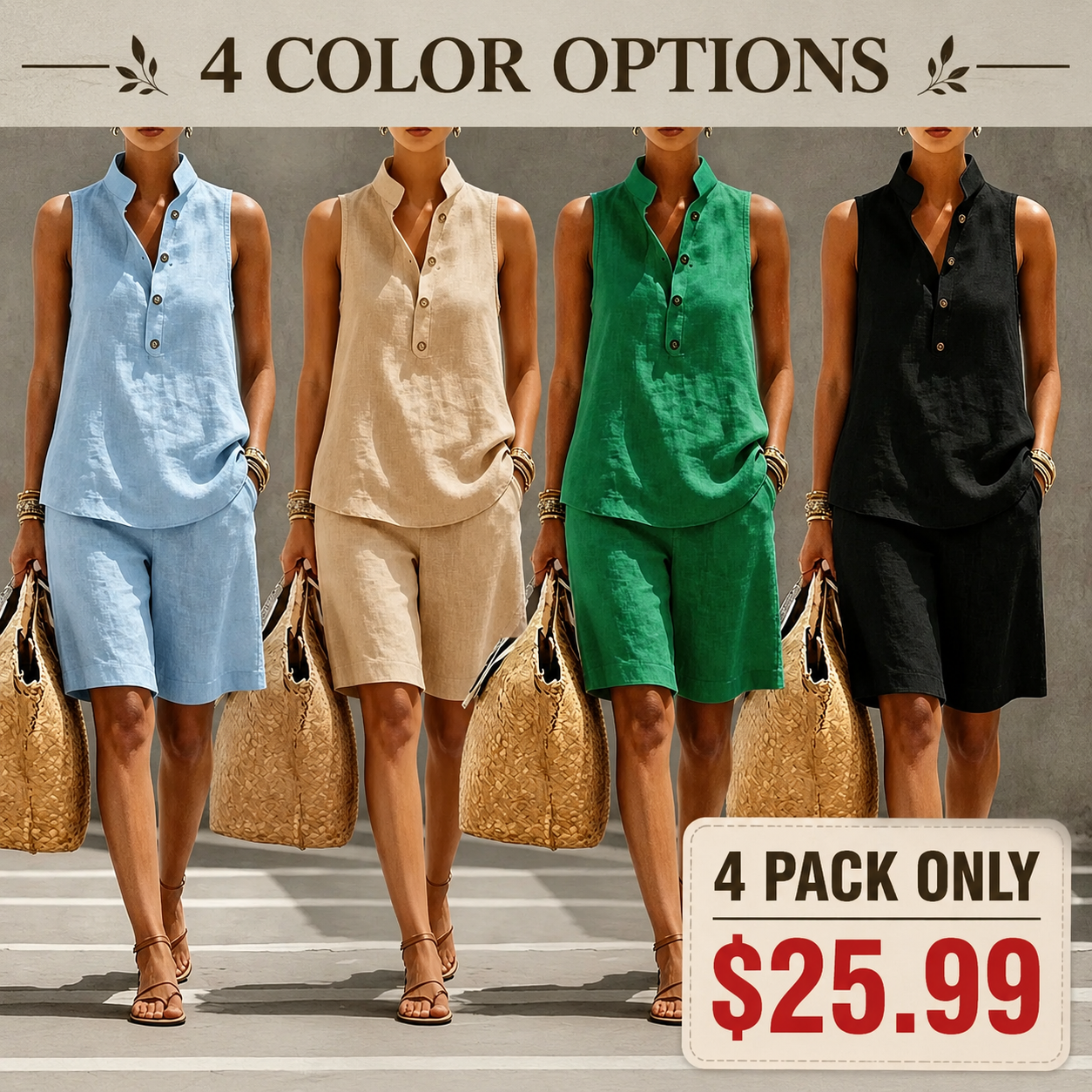 Casual And Comfortable Linen-cotton Sleeveless Top And Shorts Two-piece Set
