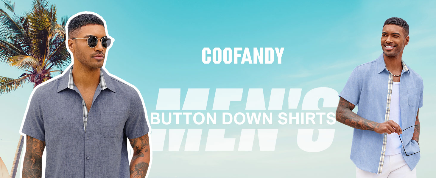 Text reads 'BUTTON DOWN SHIRTS, COOLANDY'. Sequence of images showing various button-down shirts in light colors on models against outdoor backgrounds.